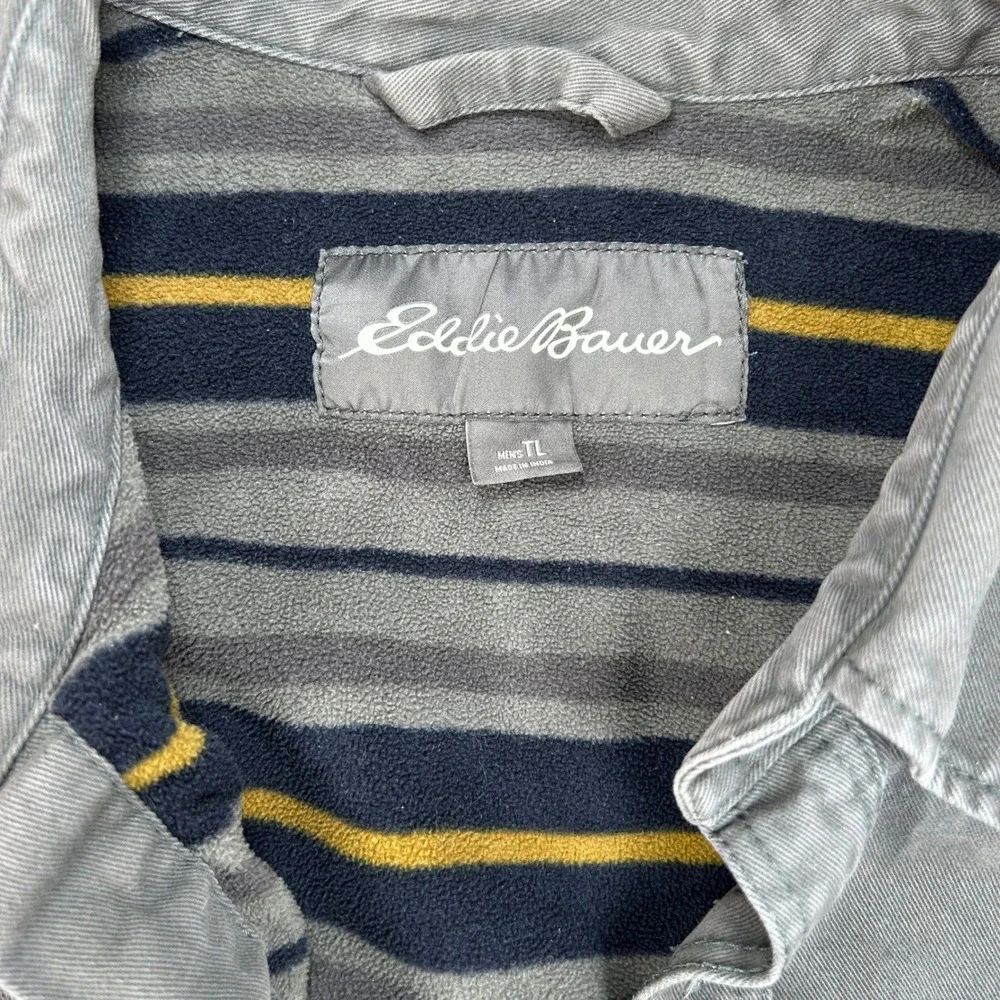 Eddie Bauer‎ Mens Tall Fleece Lined Cotton Twill Shirt Jacket Grey Stripe TL